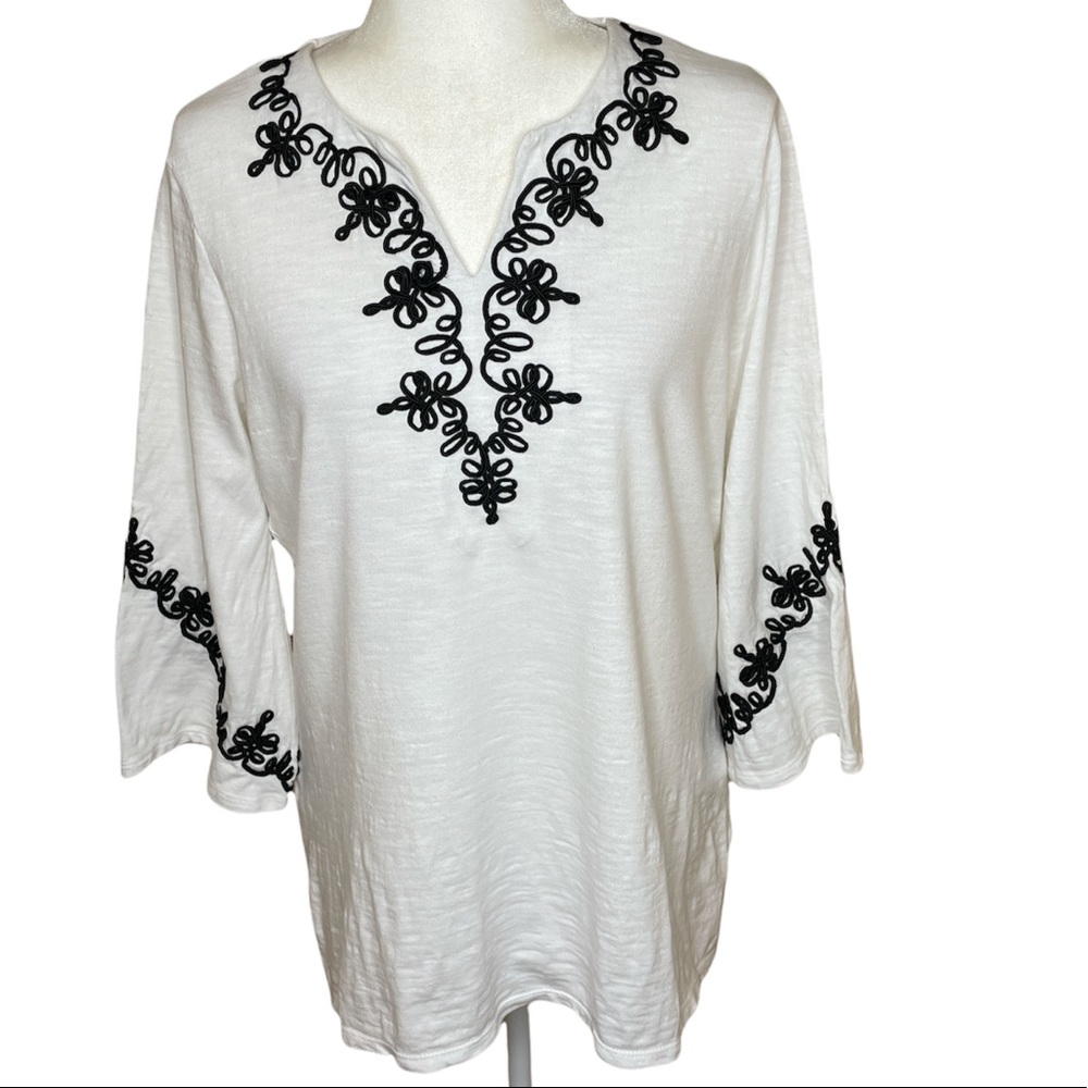 Chico’s Tunic Style White Top with Black Embroidery Ribbon border Size: 1 (M)